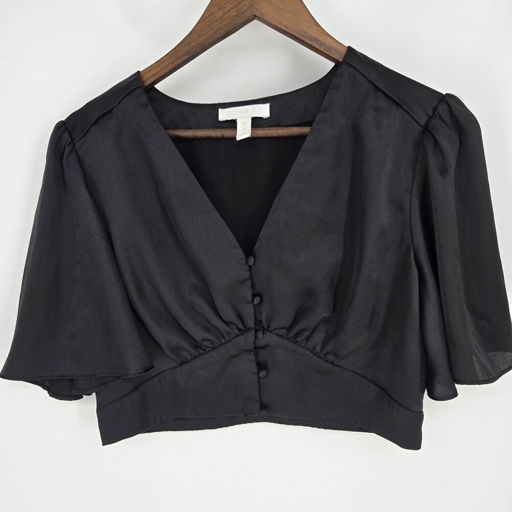 H&M Black Crop Blouse 10 Petite V Neck Flutter Sleeve Coquette